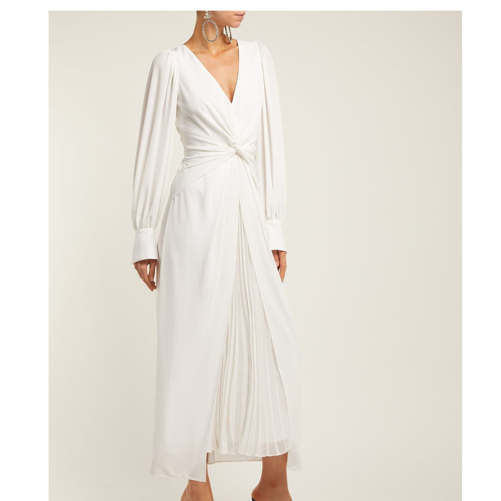 Self-Portrait V Neck Twist Front Jersey Pleated Skirt Midi Dress White Sz 4